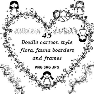 Doodle outline cartoon style,  flora fauna boarders and frames PNG SVG clipart. Wild flowers line art and cute animals for botanical designs