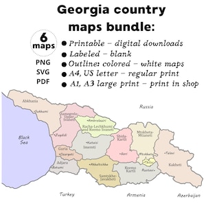 Landkarten von Georgien mit den Hauptstädten der Regionen. Druckbare, umrissene, beschriftete, leere und farbige Karten zur Geografie Eurasiens für große Kunstdrucke und Bildungszwecke.