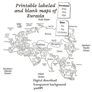 Könnte beinhalten: Eine schwarz-weiße digitale Karte von Eurasien, beschriftet mit Ländern und Gewässern. Das Bild enthält Text, der Formate (PNG, SVG, PDF), Größen (A3, A4, US Letter) und einen transparenten Hintergrund angibt. Die Karte ist ein digitaler Download.