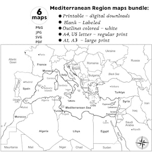 Puede incluir: Un paquete de 6 mapas de la región mediterránea como descargas digitales en formatos PNG, JPG, SVG y PDF. El mapa de contorno en blanco y negro muestra países, ciudades y mares, con opciones para tamaños de impresión A4, US letter, A1 y A3.