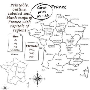 Könnte beinhalten: Eine druckbare schwarz-weiße Landkarte von Frankreich mit regionalen Grenzen und Hauptstädten. Das Bild enthält Textbeschriftungen für die Größen A1, A3, A4 und US Letter sowie die Formate PNG, SVG und PDF. Eine Windrose ist ebenfalls abgebildet.