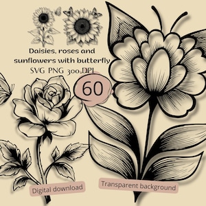 Einfache Wildblumen, Sonnenblumen, Rosen mit Schmetterlingen SVG PNG Clipart: Gänseblümchensträuße, Gerüstbretter für April Juni Geburtsmonate Drucke