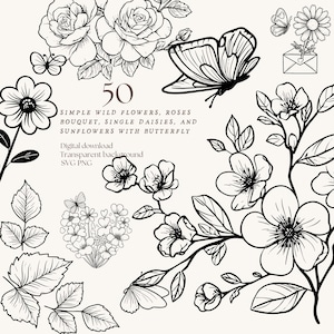Simple wild flowers with butterfly SVG PNG clipart bundle: rose bouquet, sunflowers, leaf twigs and single daisy for botanical designs
