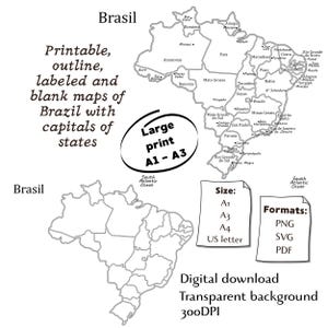 Könnte beinhalten: Eine digitale Sammlung druckbarer Brasilien-Karten mit einer beschrifteten Karte inklusive Landeshauptstädten, einer leeren Umrisskarte und Texten zu den Formaten A1, A3, A4, US letter sowie PNG, SVG, PDF. Enthält den Text: Large print A1-A3, Digital download, 300DPI.