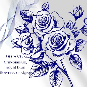 Elegante paquete SVG de flores silvestres estilo chinoiserie: una sola flor minimalista: margarita, rosa y arreglo floral del mes de nacimiento, monograma y arreglo floral.
