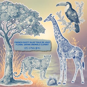 Toile-safaridieren PNG JPG clipart. Chinoiserie Afrikaans wildrijk: lendenen, cheeta's, zebra's, luipaarden, apen en flamingo's voor kinderkamerkunst