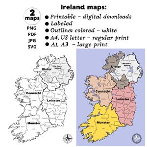 Peut inclure: Deux cartes numériques de l'Irlande, une en noir et blanc et une colorée par province. Le texte indique : Ireland maps: 2 maps, Printable - digital downloads, Labeled, Outline: colored - white, A4, US letter - regular print, A1, A3 - large print.
