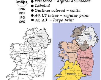 Ireland maps. Printable, digital, labeled, outline, white, color vector geography for wall prints, homeschooling education, travel insert