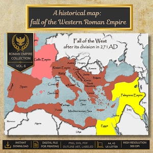 May include: A historical map titled A historical map: fall of the Western Roman Empire and Fall of the West after its division in 271 AD. The map displays the Roman Empire in red, the Gallic Empire in pink, and the Palmyrene Empire in yellow.