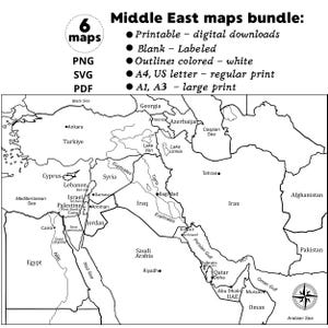 Op de afbeelding: Een digitaal pakket met 6 kaarten van het Midden-Oosten, inclusief printbare PNG-, SVG- en PDF-bestanden. De zwart-witkaart toont gelabelde landen, steden en wateren, waaronder Turkije, Iran, Irak en Saoedi-Arabië, met een kompasroos.