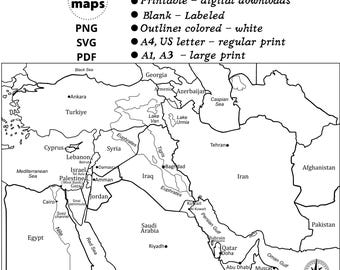 Middle East maps bundle. Labeled, blank outline, printable geography, Asia region, countries, rivers for large wall prints, homeschooling