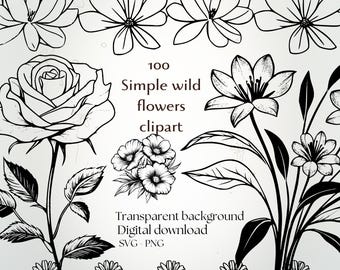 Outline flowers SVG PNG clipart: simple rose, bouquet in vase, boarder, floral mandala, single daisy, gerbera for botanical doodle line art