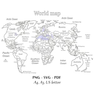 May include: A black and white world map outline with labeled continents, countries, and oceans. The map features light purple shading for select bodies of water. Text at the top reads World map, and at the bottom reads PNG - SVG - PDF A4, A3, US letter.