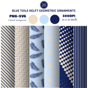 May include: A collection of blue and beige geometric patterns. The patterns include diagonal stripes, brickwork, fern leaves, floral designs, and checkered patterns. The image also includes the text "BLUE TOILE DELFT GEOMETRIC ORNAMENTS" and "21 x 21 inch."