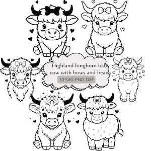 Highland longhorn, hairy baby cows with hearts bows SVG-PNG-DXF clipart bundle: calves, heifer heads outline silhouettes for nursery prints