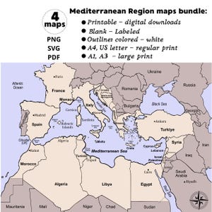 Könnte beinhalten: Ein digitales Kartenpaket der Mittelmeerregion mit 4 druckbaren Dateien in den Formaten PNG, SVG und PDF. Die Karte zeigt beschriftete Länder und Gewässer in Beige und Hellblau, mit Hinweisen auf die Druckformate A4, A3, A1 und US Letter.