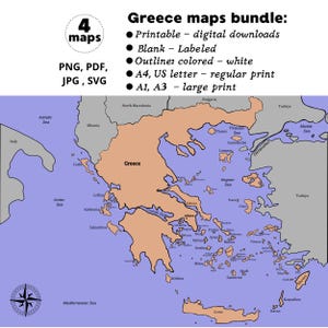 Könnte beinhalten: Ein digitales Paket mit 4 Griechenland-Karten in den Formaten PNG, PDF, JPG und SVG. Die Grafik zeigt eine pfirsichfarbene Karte von Griechenland vor einem hellvioletten Meer mit beschrifteten Inseln und Städten. Der Text umfasst Greece maps bundle, printable, digital downloads, blank, labeled, outline, colored, white, A4, US letter sowie A1, A3 large print.