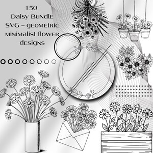 Daisy bundle SVG: minimalist daisy line art, wildflower SVG, birth flower bouquet, single daisy, birth month bundle. Floral arrangement