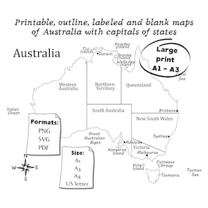 Könnte beinhalten: Eine schwarz-weiße Umrisskarte von Australien mit Staatsgrenzen, Hauptstädten und umliegenden Gewässern. Der Text lautet: Printable, outline, labeled and blank maps of Australia with capitals of states, Large print A1 - A3, Formats: PNG, SVG, PDF, und Size: A1, A3, A4, US letter.