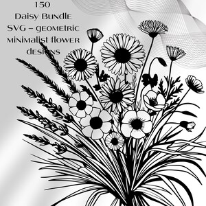 Daisy bundle SVG: minimalist daisy line art, wildflower SVG, birth flower bouquet, single daisy, birth month bundle. Floral arrangement