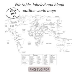 May include: A black and white outline world map with labels and the text "Printable, labeled and blank outline world maps." The map includes continents, oceans, and country names. The text "Large print A1" is also present.