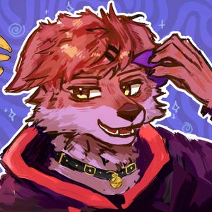 May include: A digital illustration of an anthropomorphic fox character with reddish-brown fur, wearing a black collar with a gold bell and a dark purple hooded sweatshirt with a red lining. The character has yellow eyes and a mischievous expression.
