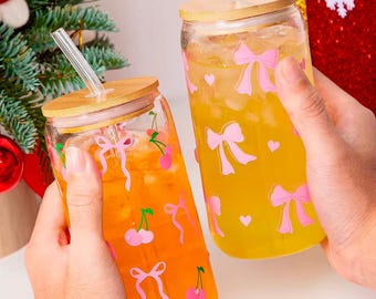 Personalized Bow and Cherry tumbler, gifts for her, glass coffee cup, gifts for any occasion, gift, birthday gift, cute gift
