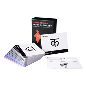 May include: A black box of Verbacard Hindi Alphabet cards with the text "DEVANAGARI CONSONANTS & VOWELS". A stack of white cards with black Hindi characters and a card with the word "gaay" and a cow illustration.