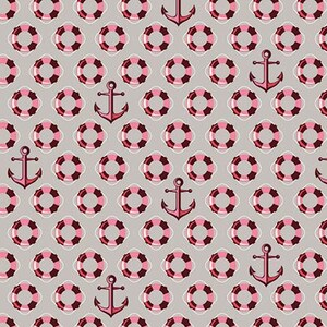 May include: A repeating pattern featuring pink and white lifebuoys and maroon anchors on a light grey backdrop. The nautical design is evenly spaced, creating a consistent and visually appealing texture.