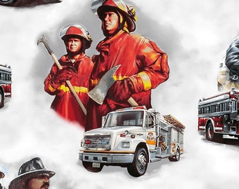 Windham Hold The Line Fire Engines on White....100% Cotton