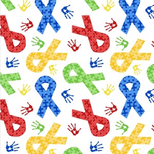 May include: A repeating pattern on a white background features colorful puzzle-piece ribbons in red, blue, yellow, and green, along with handprints in matching colors. The design is a symbol of awareness and support.