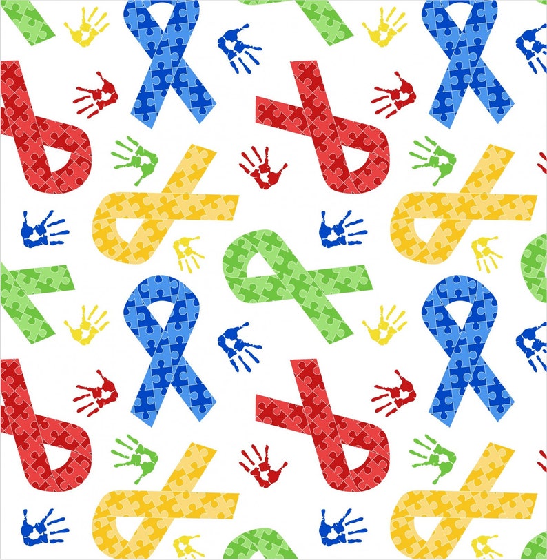 May include: A repeating pattern on a white background features colorful puzzle-piece ribbons in red, blue, yellow, and green, along with handprints in matching colors. The design is a symbol of awareness and support.