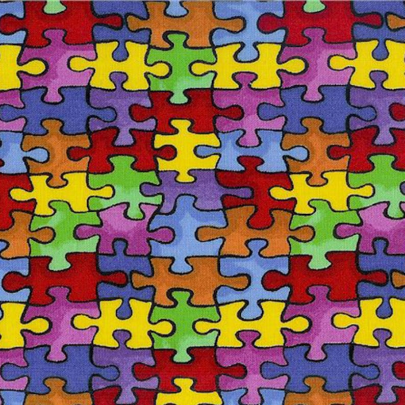 May include: A colorful pattern of interlocking puzzle pieces in various colors, including red, yellow, green, blue, purple, and orange. The design is a repeating pattern, creating a vibrant and eye-catching visual.