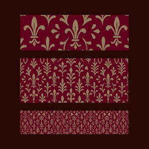 Könnte beinhalten: Drei rechteckige Tafeln mit sich wiederholenden Mustern in Gold und Burgunderrot. Die obere Tafel zeigt Fleur-de-Lis-Designs. Die mittlere Tafel hat ein Muster aus stilisierten Blättern. Die untere Tafel zeigt ein komplexeres Blumenmuster.
