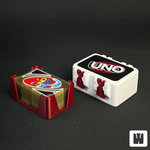 Op de afbeelding: Een UNO kaartspel set. Het kaartspel zit in een rode houder en de witte koffer heeft het UNO logo. De kaarten hebben een rood, blauw, geel en groen ontwerp. De koffer heeft rode sluitingen.