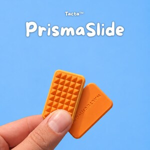 Op de afbeelding: Twee rechthoekige oranje tactiele objecten met de tekst Tacta PrismaSlide erboven. Het ene object heeft een raster van kleine piramidevormige uitsteeksels op het oppervlak, terwijl het andere de in reliëf gedrukte tekst WALTECHWOD op de platte kant toont.