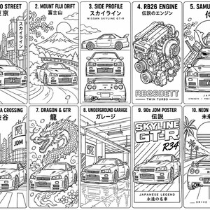 May include: A black and white poster featuring ten distinct panels of the Nissan Skyline GT-R R34. Each panel showcases the car in various settings including Tokyo streets, Mount Fuji, a garage, and with a dragon, alongside text labels in English and Japanese.