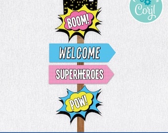 Superhero Pink/Blue Directional Signs Party Pack Printable
