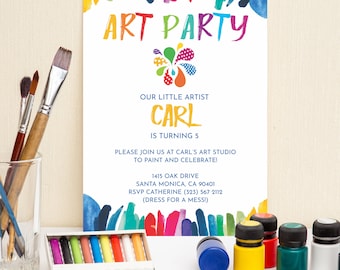 May include: A colorful invitation to an art party for a child named Carl turning 5. The invitation features a watercolor background with colorful paint strokes and a flower design. The text on the invitation reads "Art Party", "Our Little Artist Carl", "Is Turning 5", "Please join us at Carl's art studio to paint and celebrate!" and includes the address, phone number, and RSVP information.