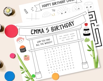 Sushi Party Placemat, Sushi Coloring Activity Placemat, Sushi Birthday Games, Japanese Kawaii Party Favors, Editable, Printable