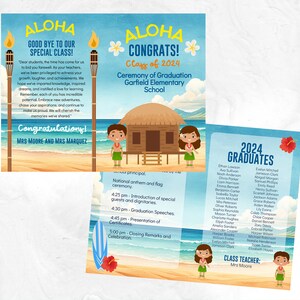 May include: A blue and white graduation announcement with a tropical theme. The announcement features a beach scene with palm trees, a hut, and a surfboard. The text reads "Aloha Congrats! Class of 2024" and includes the name of the school, Garfield Elementary School. The announcement also includes a list of the graduates' names.