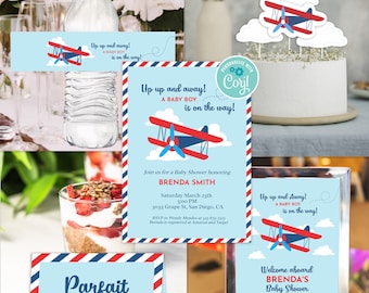 May include: A blue and red aeroplane themed baby shower invitation with the text "Up up and away! A baby boy is on the way!" Join us for a Baby Shower honouring Brenda Smith. Saturday March 23rd 3:00 PM 3035 Grape St, San Diego, CA RSVP to Wendy Mendes at 323 879 2343 Brenda is registered at Amazon and Target.