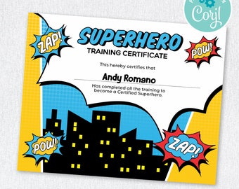 Certificado de superhéroe, Certificado de entrenamiento de superhéroe (imprimible, editable)