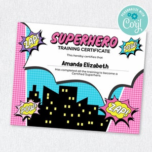 Girl Superhero Zertifikat, Superheld Mädchen Trainingszertifikat (bearbeitbar, druckbar)