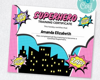 Girl Superhero Certificate, Superhero girl training certificate (Editable, Printable)