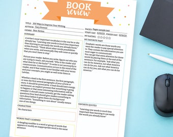 Printable Book Review, Editable book review template