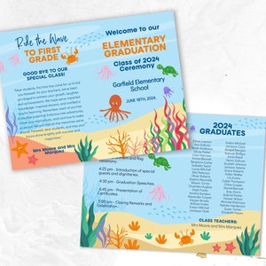 May include: A blue and white graduation announcement for Garfield Elementary School. The announcement features an octopus, sea turtles, and seaweed. The text reads "Welcome to our Elementary Graduation Class of 2024 Ceremony Garfield Elementary School June 18th, 2024."