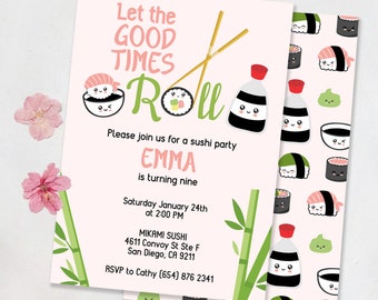 Sushi Party Invitation, Girl sushi party invitation, birthday Invitation ( Instant Download and Editable File)