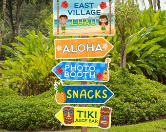 May include: A wooden signpost with directional signs for a luau event. The top sign reads "Welcome to East Village Luau." Other signs point to "Aloha," "Photo Booth," "Snacks," and "Tiki Juice Bar." The signs feature tropical graphics and colors.