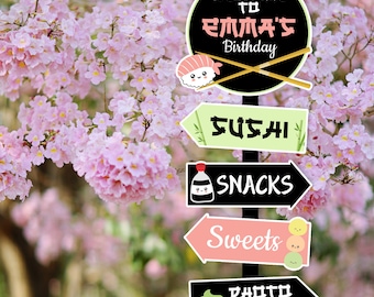Sushi Party Directional Signs Party Pack Printable, Sushi party directional arrows, cute sushi party, kawaii decorations, kawaii sushi